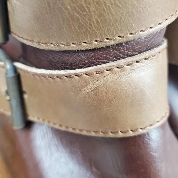 Sendra Boots Womens 6.5 Brown Leather Block Heel Pull On Double Buckle Fold Over