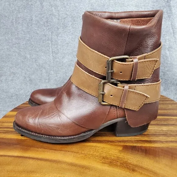 Sendra Boots Womens 6.5 Brown Leather Block Heel Pull On Double Buckle Fold Over