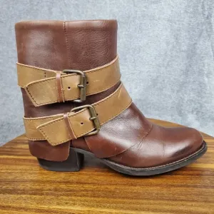 Sendra Boots Womens 6.5 Brown Leather Block Heel Pull On Double Buckle Fold Over
