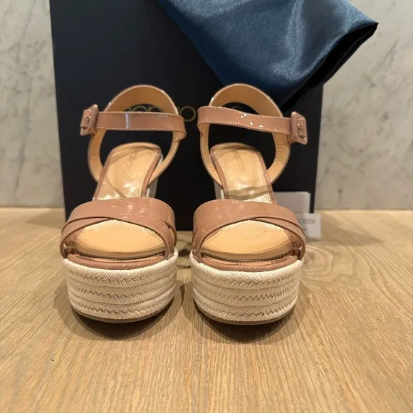 Sergio Rossi nude patent leather wedge sandals