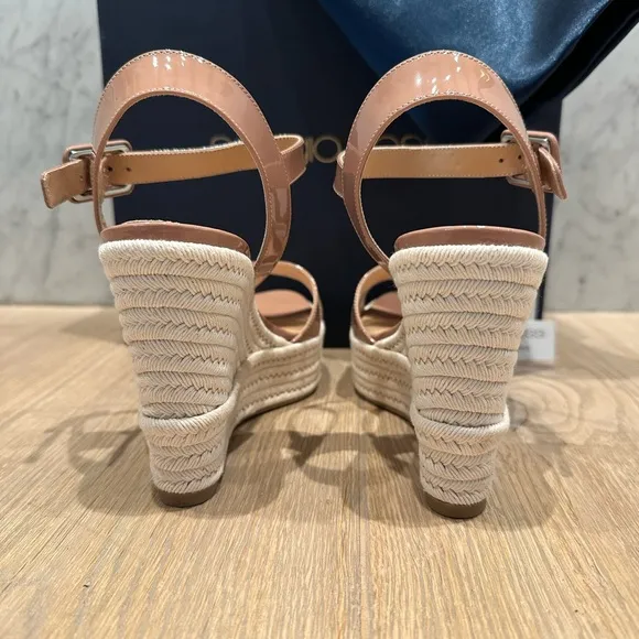 Sergio Rossi nude patent leather wedge sandals