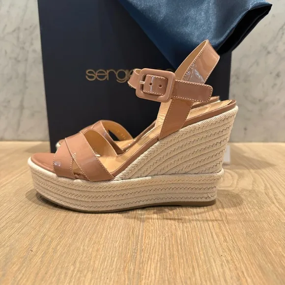 Sergio Rossi nude patent leather wedge sandals