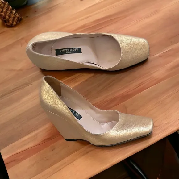 Sergio Rossi Wedge Heel Shoes, Gold (Made in Italy) Size EU36
