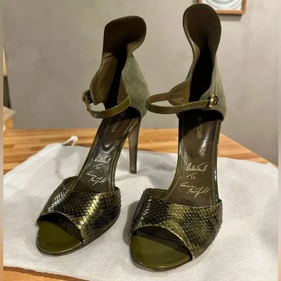 Sergio Rossi Green Suede and Snake Sandals