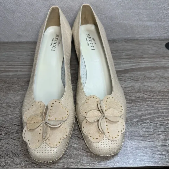 SESTO MEUCCI Italy Flower Wedge Espadrille Shoes Sz 11 Narrow Beige Leather