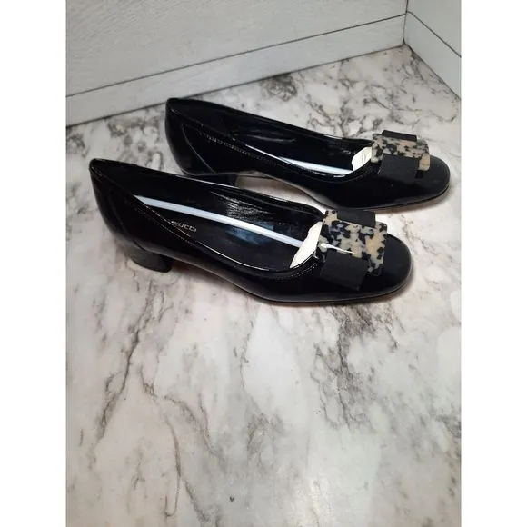 Sesto Muecci Hugga Low Heel Patent Pumps Black Crossgrain Bow Leather Sz.9 Italy