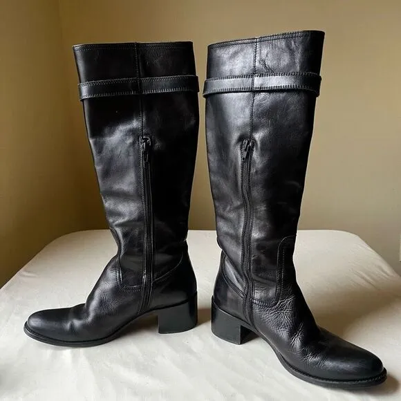 Sesto Meucci Knee High Riding Boots Black Leather Buckle Block Heel Women's 7
