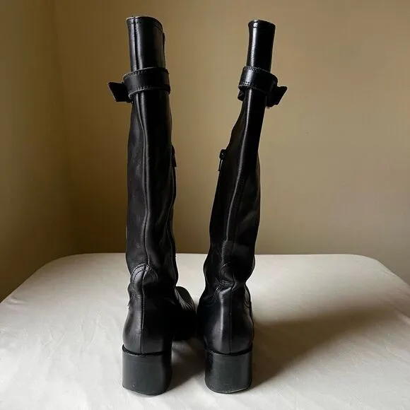 Sesto Meucci Knee High Riding Boots Black Leather Buckle Block Heel Women's 7
