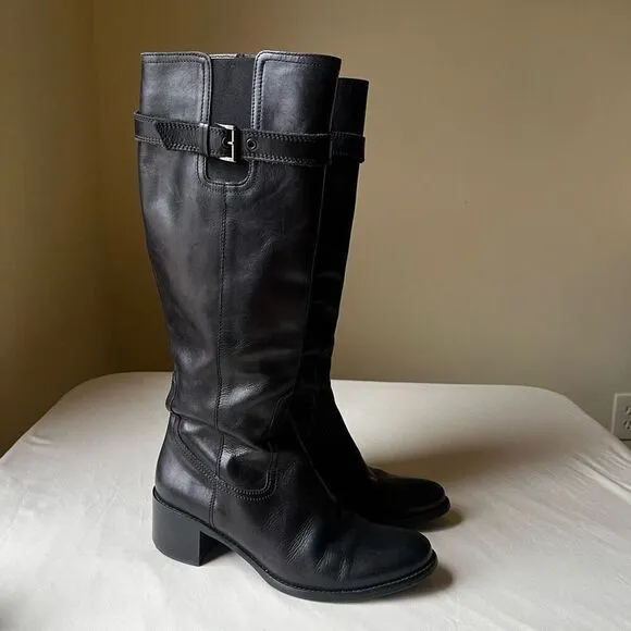 Sesto Meucci Knee High Riding Boots Black Leather Buckle Block Heel Women's 7