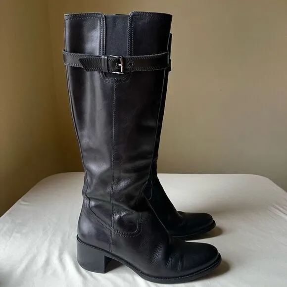 Sesto Meucci Knee High Riding Boots Black Leather Buckle Block Heel Women's 7