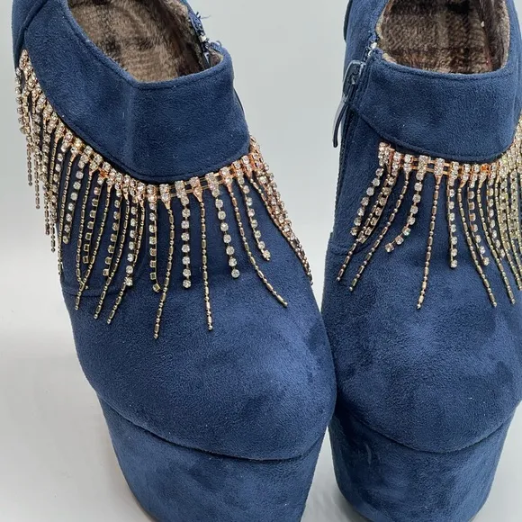 Sexy Jewel Chain Embellished Blue Suede 6”/2” Platform Booties 37/7
