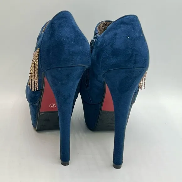 Sexy Jewel Chain Embellished Blue Suede 6”/2” Platform Booties 37/7