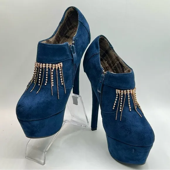 Sexy Jewel Chain Embellished Blue Suede 6”/2” Platform Booties 37/7