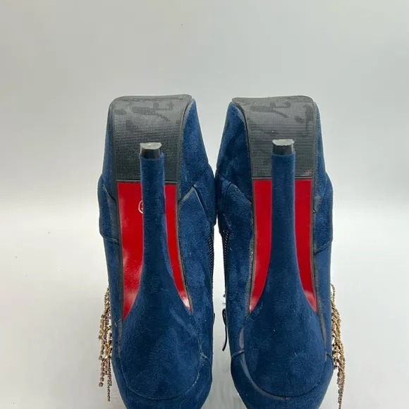 Sexy Jewel Chain Embellished Blue Suede 6”/2” Platform Booties 37/7