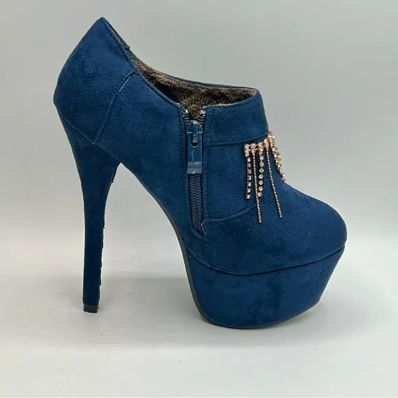 Sexy Jewel Chain Embellished Blue Suede 6”/2” Platform Booties 37/7