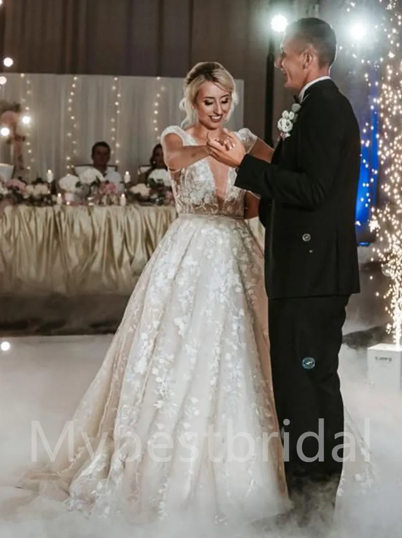 Sexy V-neck Cap-sleeves A-line Lace applique Wedding Dresses,WDY0318