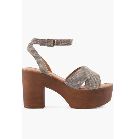 Seychelles Sweetener Platform Sandals Shimmer Fabric Woodgrain Heel Women’s 8.5
