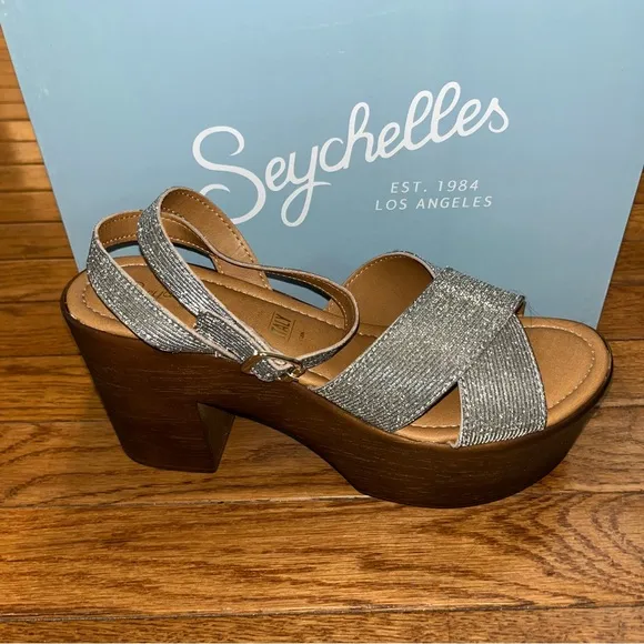Seychelles Sweetener Platform Sandals Shimmer Fabric Woodgrain Heel Women’s 8.5