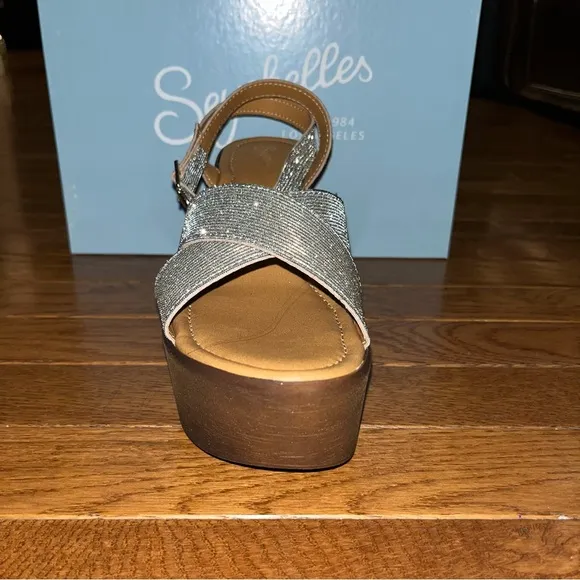 Seychelles Sweetener Platform Sandals Shimmer Fabric Woodgrain Heel Women’s 8.5