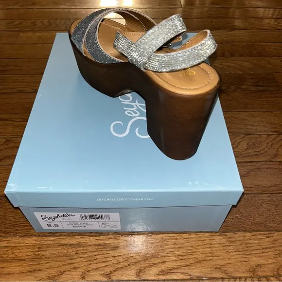 Seychelles Sweetener Platform Sandals Shimmer Fabric Woodgrain Heel Women’s 8.5