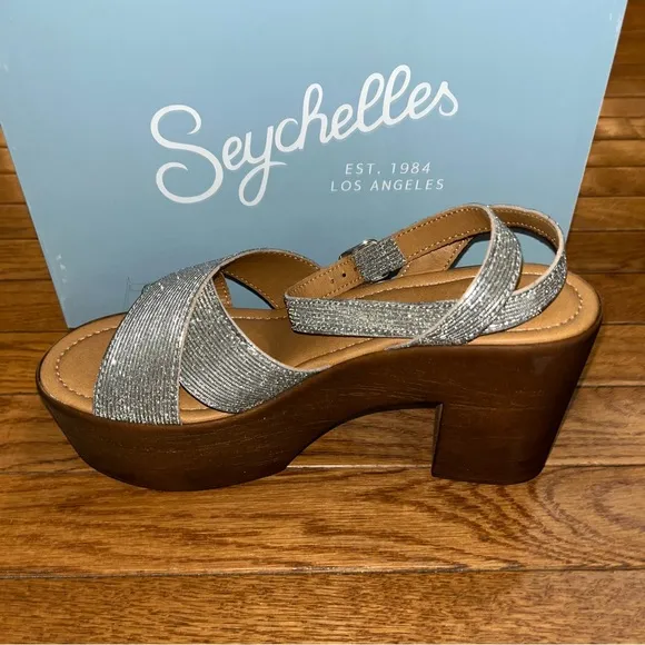 Seychelles Sweetener Platform Sandals Shimmer Fabric Woodgrain Heel Women’s 8.5