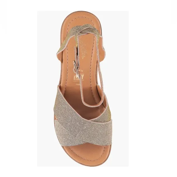 Seychelles Sweetener Platform Sandals Shimmer Fabric Woodgrain Heel Women’s 8.5