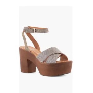 Seychelles Sweetener Platform Sandals Shimmer Fabric Woodgrain Heel Women’s 8.5