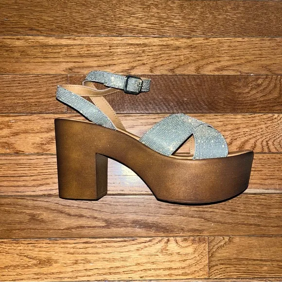 Seychelles Sweetener Platform Sandals Shimmer Fabric Woodgrain Heel Women’s 8.5