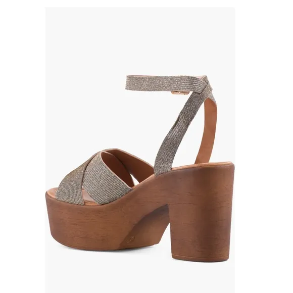 Seychelles Sweetener Platform Sandals Shimmer Fabric Woodgrain Heel Women’s 8.5