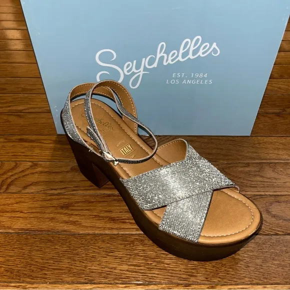 Seychelles Sweetener Platform Sandals Shimmer Fabric Woodgrain Heel Women’s 8.5
