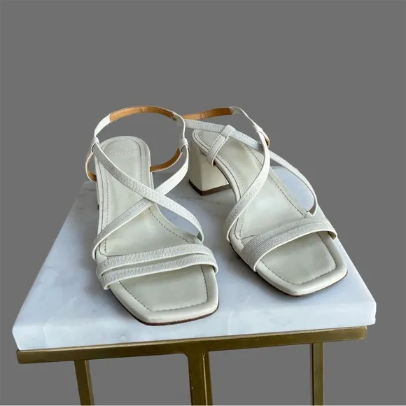 SEZANE Ecru Off White Leather Strappy Block Heel Pernille Sandals Heels 38 US 7