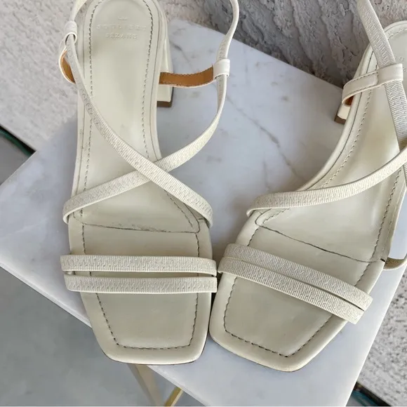 SEZANE Ecru Off White Leather Strappy Block Heel Pernille Sandals Heels 38 US 7