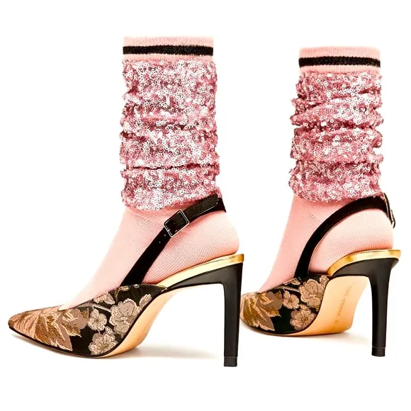 Shimmery Sequin Sock Style Floral Slingback Heels