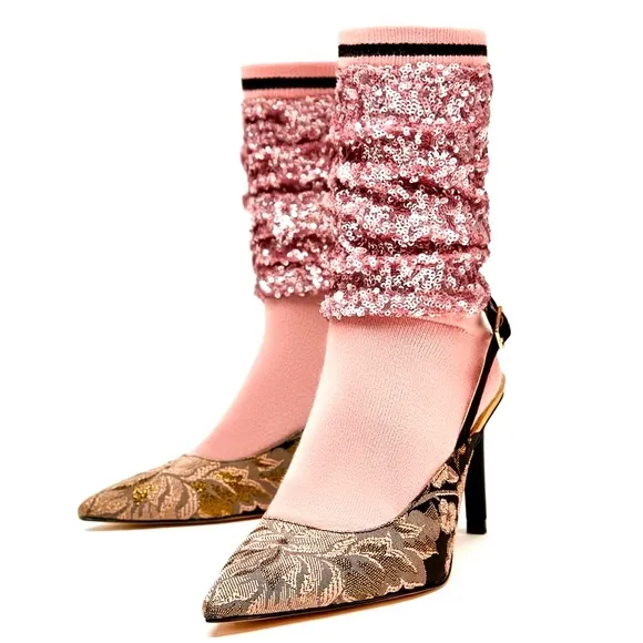 Shimmery Sequin Sock Style Floral Slingback Heels