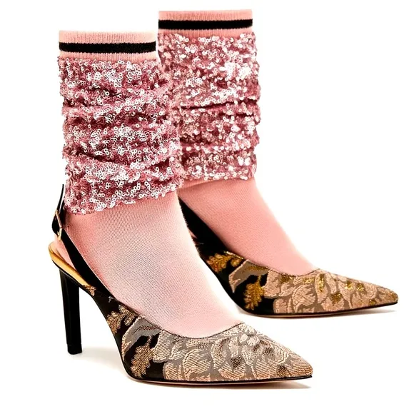 Shimmery Sequin Sock Style Floral Slingback Heels