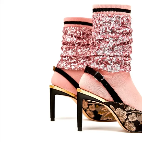 Shimmery Sequin Sock Style Floral Slingback Heels