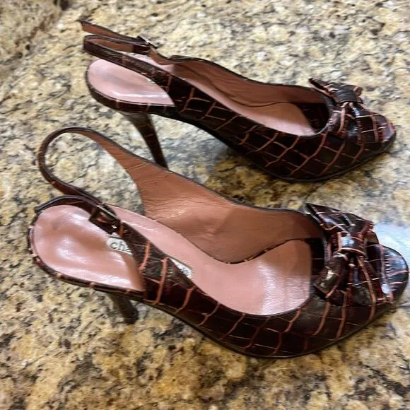 Shoes Heels Charles David brown croc pattern size 8 4” heel strap heel.