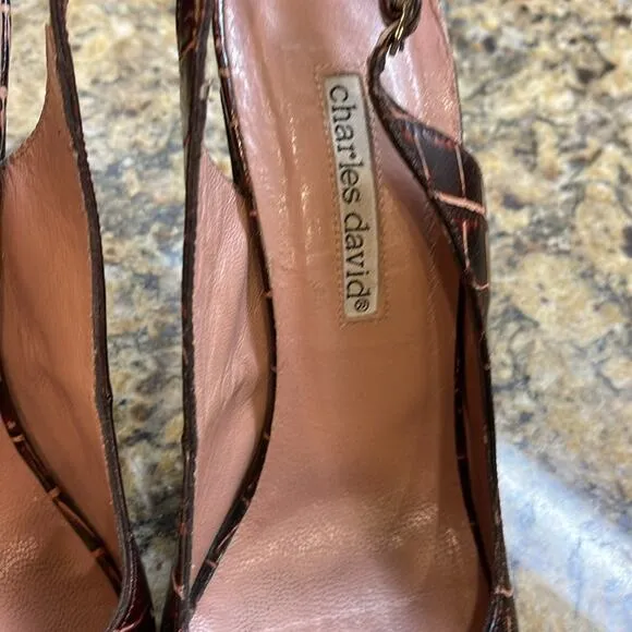 Shoes Heels Charles David brown croc pattern size 8 4” heel strap heel.