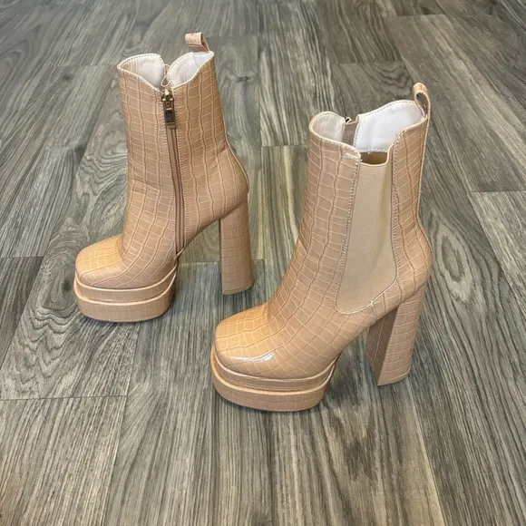 Simmi Martha Nude Patent Faux Croc Print Platform Block Heel Boots