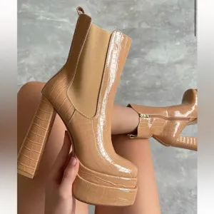 Simmi Martha Nude Patent Faux Croc Print Platform Block Heel Boots