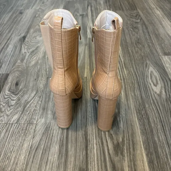 Simmi Martha Nude Patent Faux Croc Print Platform Block Heel Boots