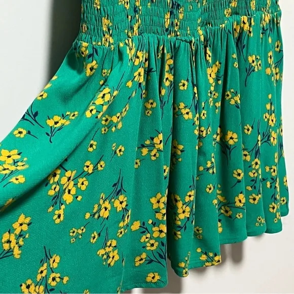 Skies Are Blue Flirty green Floral ruffled straps Smocked bodice fun Mini Dress