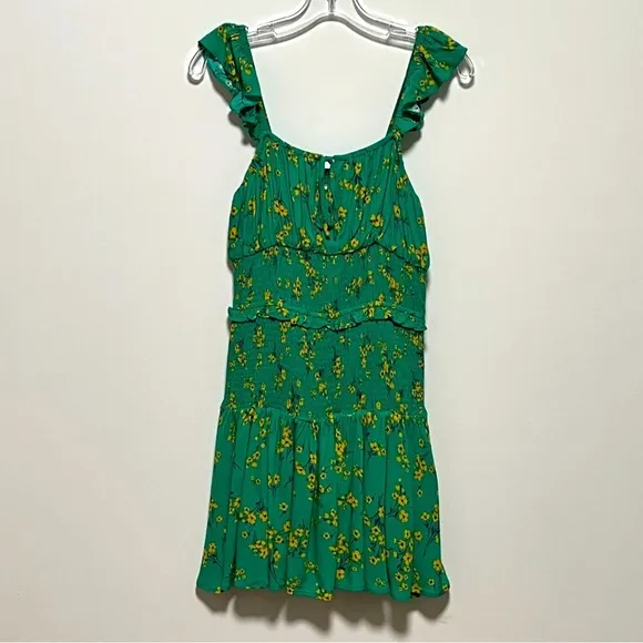 Skies Are Blue Flirty green Floral ruffled straps Smocked bodice fun Mini Dress