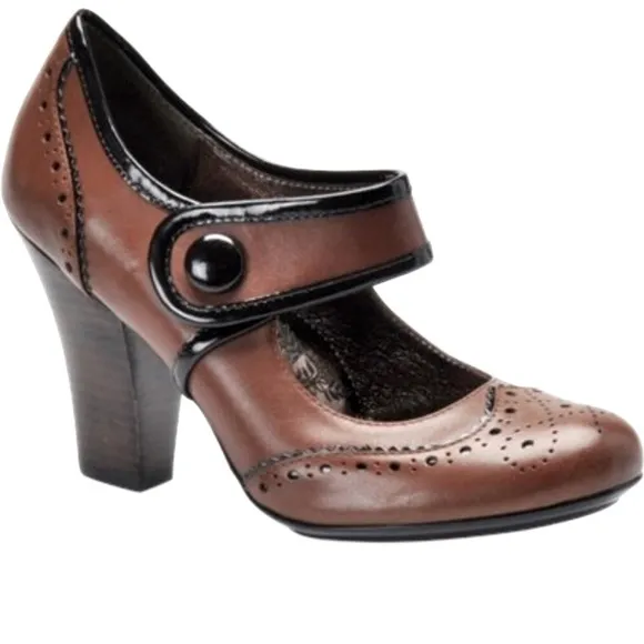 Sofft Fiona Leather Mary Jane Pump Winged Tooth Padded Insoles Tabacco Heels 8.5