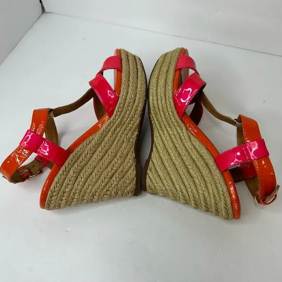 Sofft Womens size 7 Pedra Platform Patent Leather Pink Orange Heel Wedge Sandals