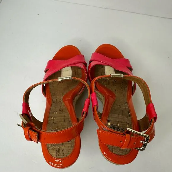 Sofft Womens size 7 Pedra Platform Patent Leather Pink Orange Heel Wedge Sandals