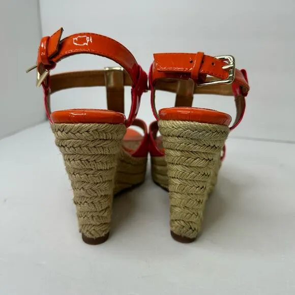 Sofft Womens size 7 Pedra Platform Patent Leather Pink Orange Heel Wedge Sandals
