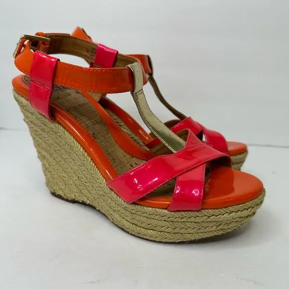 Sofft Womens size 7 Pedra Platform Patent Leather Pink Orange Heel Wedge Sandals