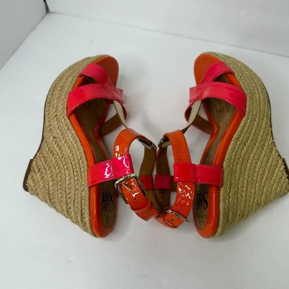 Sofft Womens size 7 Pedra Platform Patent Leather Pink Orange Heel Wedge Sandals