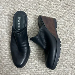 Sorel AFTER HOURS black Leather Wedge Mule brown slip on shoes heels size 9